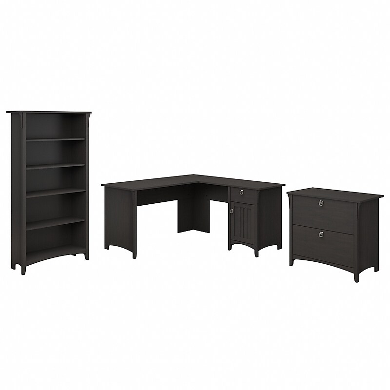 Bush Furniture Salinas 60"W L Shaped Desk with Lateral File Cabinet and 5 Shelf Bookcase, Vintage Black (SAL003VB) image 1