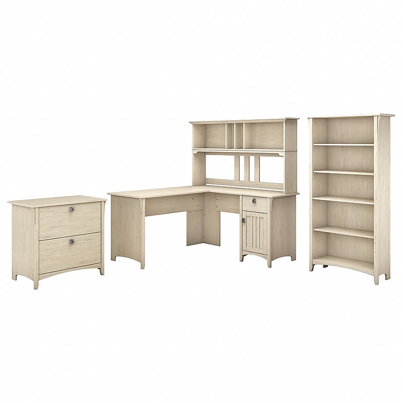 Bush Furniture Salinas 60"W L Shaped Desk with Hutch, Lateral File Cabinet and 5 Shelf Bookcase, Antique White (SAL007AW) image 1