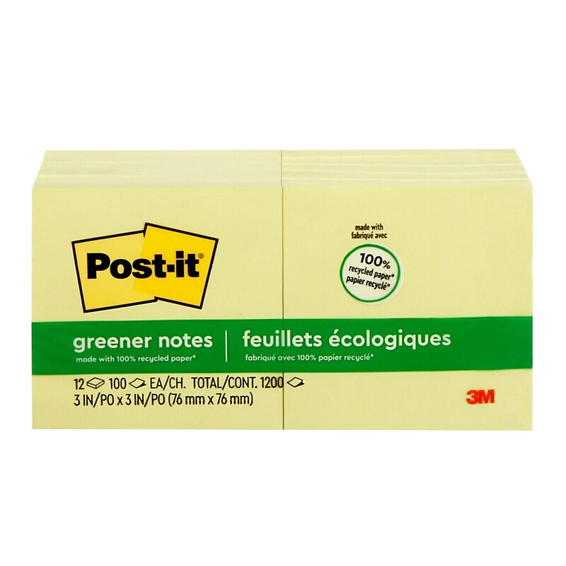 Post-it Greener Recycled Notes, 3" x 3", Canary Collection, 100 Sheet/Pad, 12 Pads/Pack (654-RP-YW) image 1