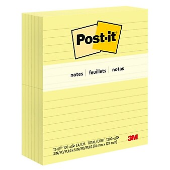 Post-it® Notes, 3" x 5", Canary Yellow, Lined, 100 Sheets/Pad, 12 Pads/Pack (635-YW)