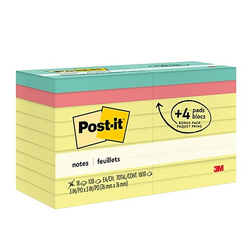 Postit Notes, 3" x 3", Canary Collection, 100 Sheet/Pad, 18 Pads/Pack