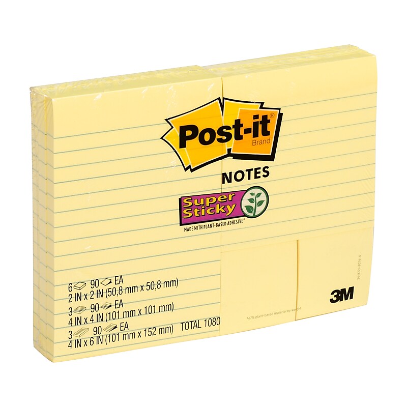Post-it Super Sticky Notes Combo Pack, Assorted Sizes, Canary Collection, 90 Sheets/Pad, 12 Pads/Pack (4642-12SSCY) image 1