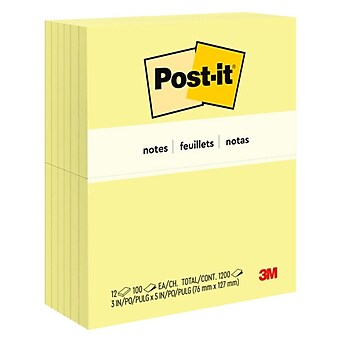 Post-it® Notes, 3" x 5", Canary Yellow, 100 Sheets/Pad, 12 Pads/Pack (655)
