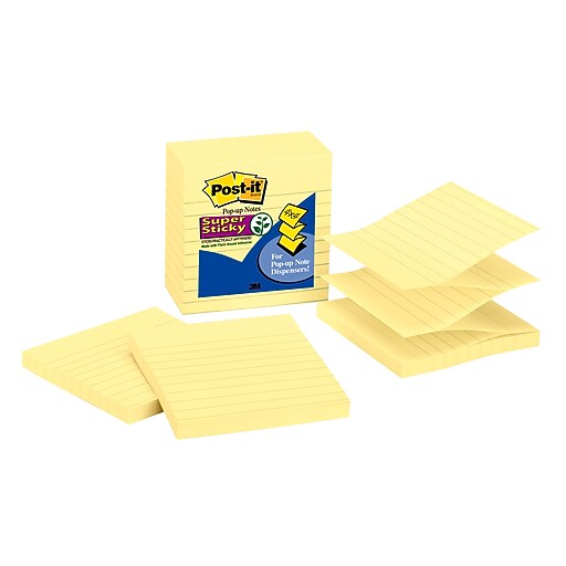 Postit® Popup Super Sticky Notes, Canary Yellow, Lined, 4 in x 4 in