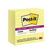 Post-it® Super Sticky Notes, 4" x 4", Canary Yellow, Lined, 90 Sheets/Pad, 6 Pads/Pack (675-6SSCY)