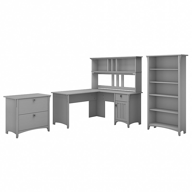 Bush Furniture Salinas 60"W L Shaped Desk with Hutch, Lateral File Cabinet and 5 Shelf Bookcase, Cape Cod Gray (SAL007CG) image 1