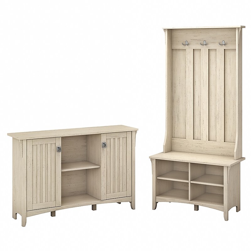 Bush Furniture Salinas Entryway Storage Set with Hall Tree, Shoe Bench and Accent Cabinet, Antique White (SAL008AW) image 1