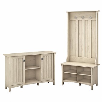 Bush Furniture Salinas Entryway Storage Set with Hall Tree, Shoe Bench and Accent Cabinet, Antique White (SAL008AW)