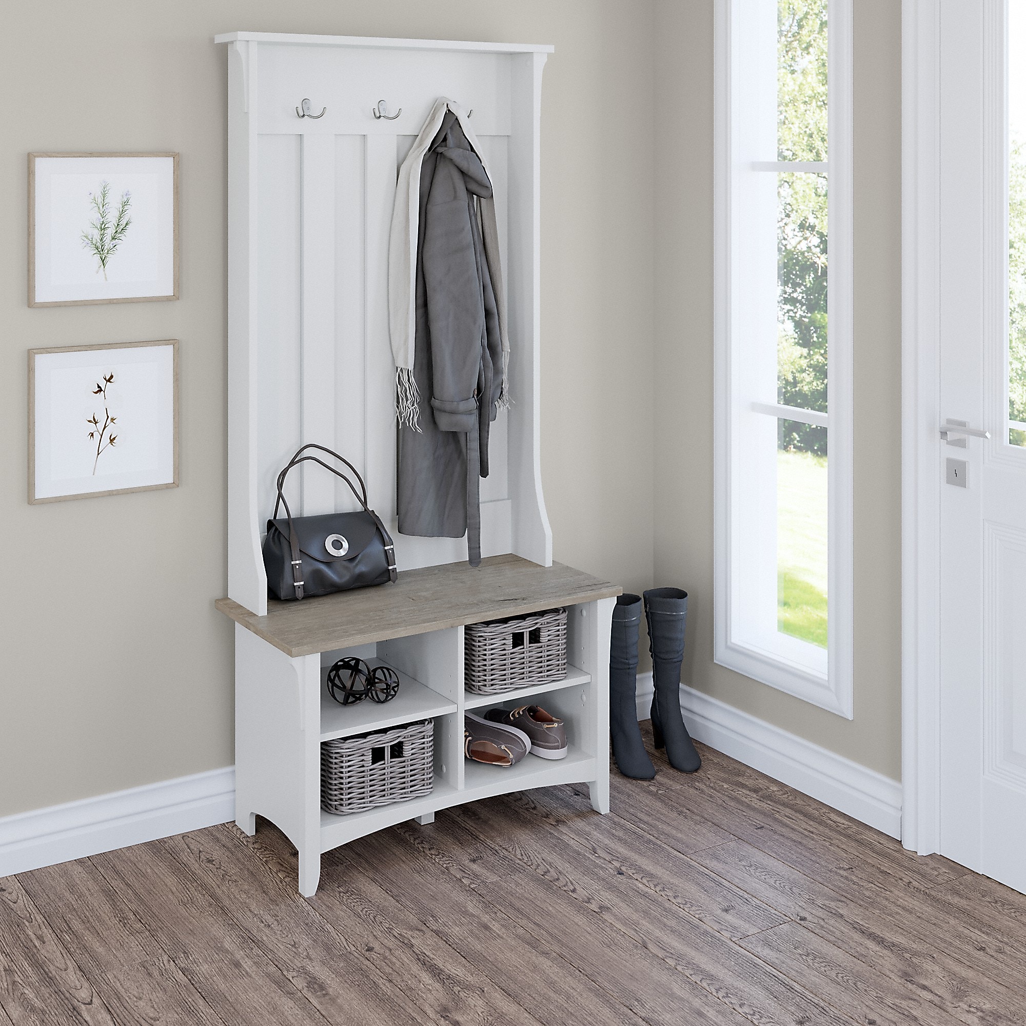 Bush Furniture Salinas Hall Tree with Shoe Storage Bench, Shiplap Gray/Pure White (SAS532G2W-03) Sansujyuku sansujyuku.com