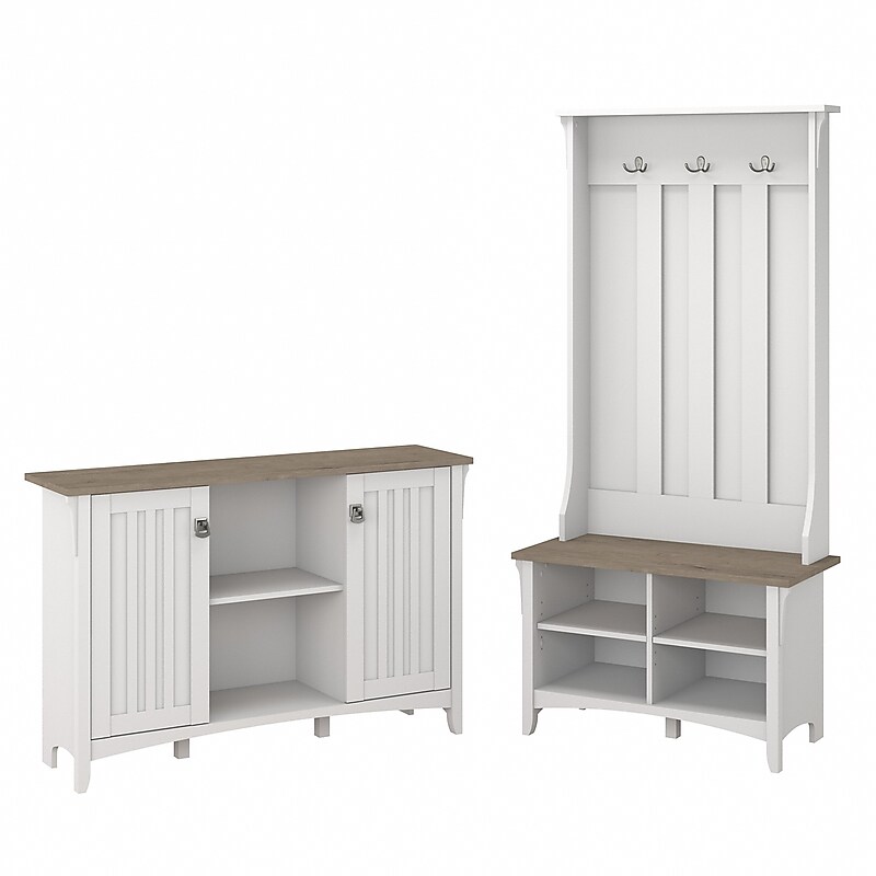 Bush Furniture Salinas 68" Storage Set with Hall Tree, Shoe Bench, Cabinet, 5 Shelves, Shiplap Gray/Pure White (SAL008G2W) image 1