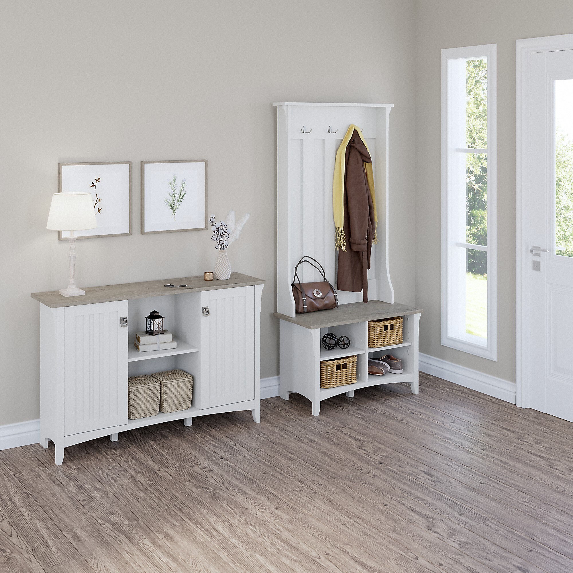 Bush Furniture Salinas 68″ Storage Set with Hall Tree, Shoe Bench, Cabinet, 5 Shelves, Shiplap Gray/Pure White (SAL008G2W) Sansujyuku sansujyuku.com