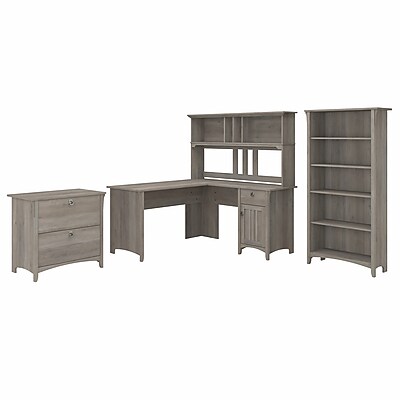 Bush Furniture Salinas 60"W L Shaped Desk with Hutch, Lateral File Cabinet and 5 Shelf Bookcase - Thumbnail 4