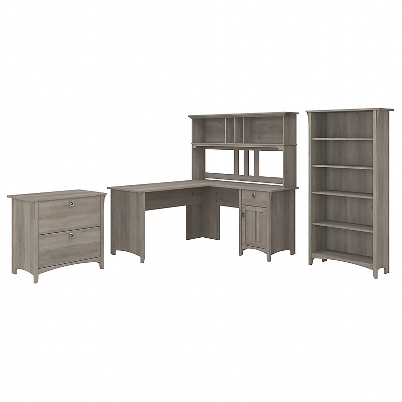 Bush Furniture Salinas 60"W L Shaped Desk with Hutch, Lateral File Cabinet and 5 Shelf Bookcase, Driftwood Gray (SAL007DG) image 1