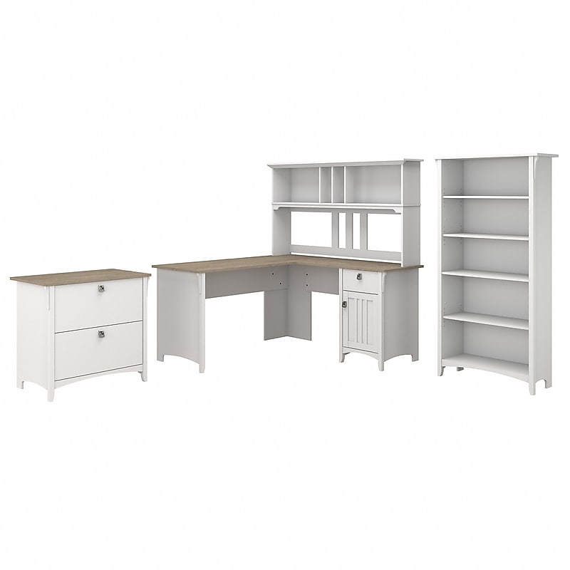 Bush Furniture Salinas 60" L-Shaped Desk with Hutch, File Cabinet and 5-Shelf Bookcase, Shiplap Gray/Pure White (SAL007G2W) image 1