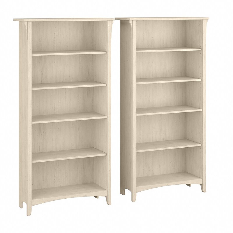 Bush Furniture Salinas 63"H 5-Shelf Tall Bookcase, Antique White, 2/Set (SAL036AW) image 1