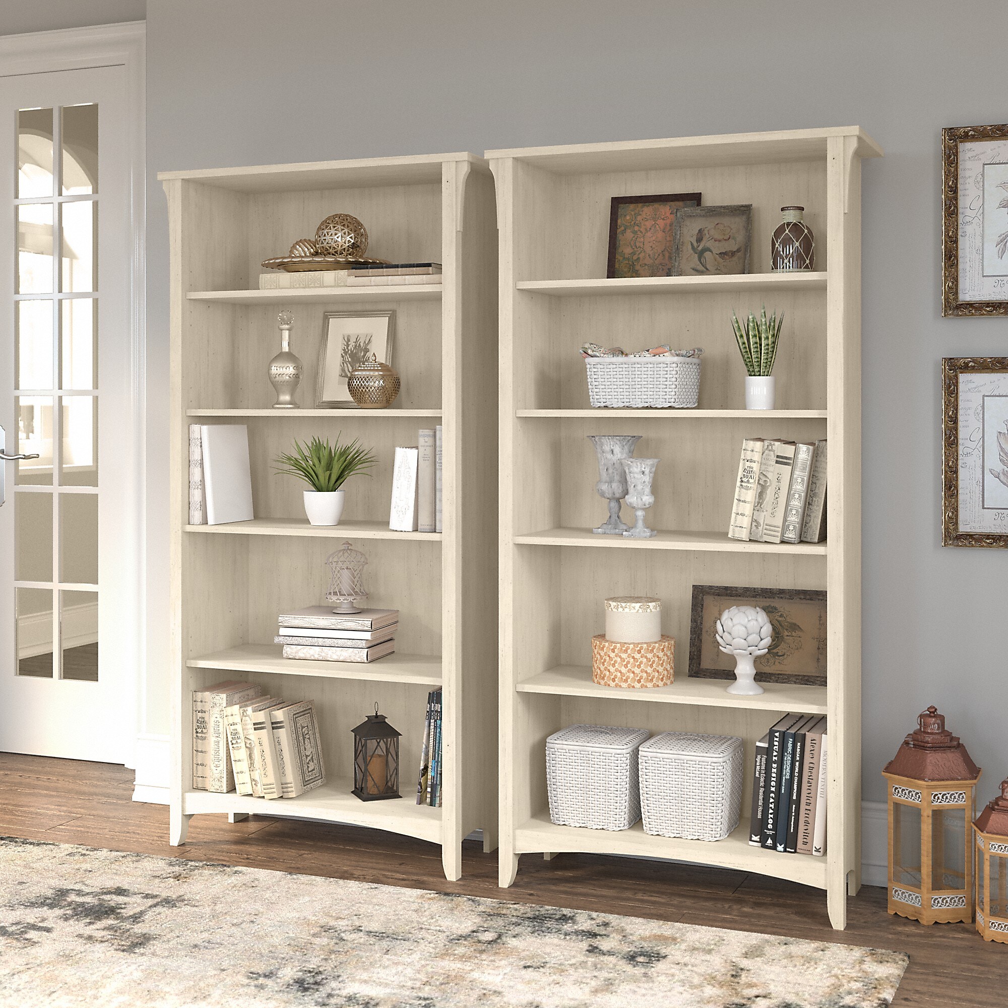 Bush Furniture Salinas 63″H 5-Shelf Tall Bookcase, Antique White, 2/Set (SAL036AW) Sansujyuku sansujyuku.com