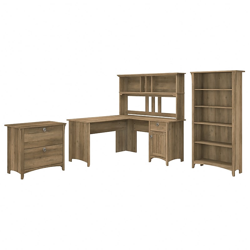 Bush Furniture Salinas 60"W L Shaped Desk with Hutch, Lateral File Cabinet and 5 Shelf Bookcase, Reclaimed Pine (SAL007RCP) image 1