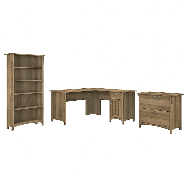 Bush Furniture Salinas 60"W L Shaped Desk with Lateral File Cabinet and 5 Shelf Bookcase, Reclaimed Pine (SAL003RCP) image 1