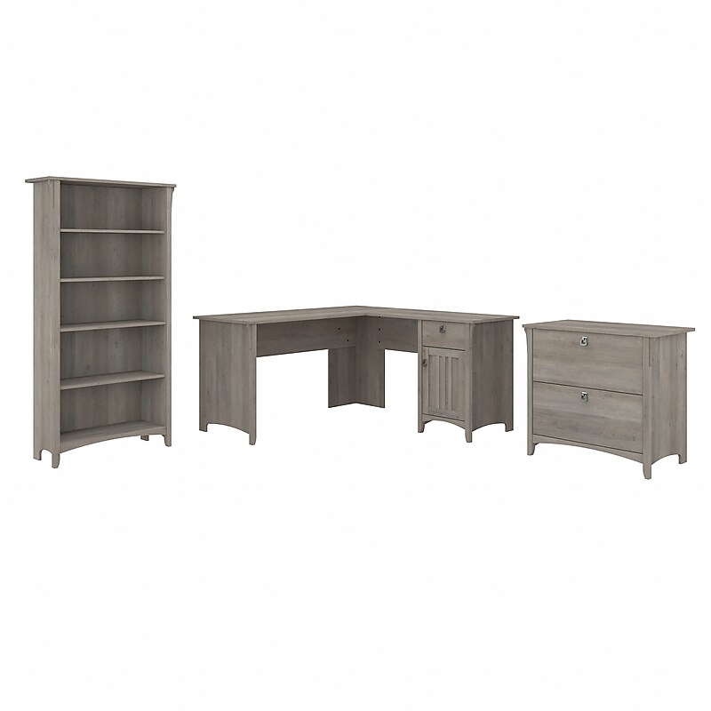 Bush Furniture Salinas 60"W L Shaped Desk with Lateral File Cabinet and 5 Shelf Bookcase, Driftwood Gray (SAL003DG) image 1