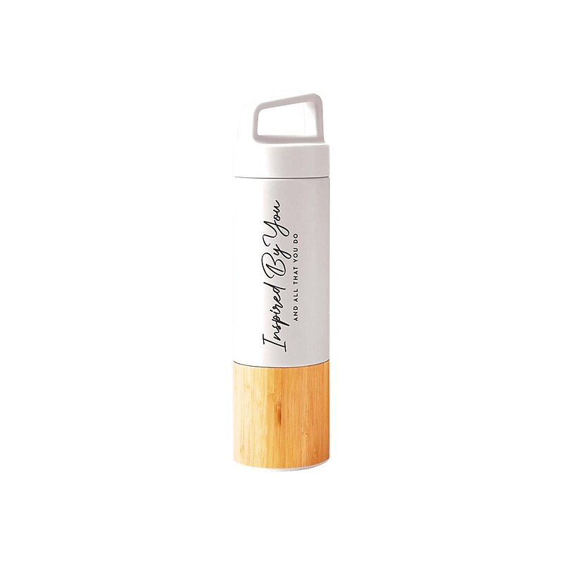 Baudville "Inspired by You and all that you do" Stainless Steel Double Wall Insulated Water Bottle, 18 oz., Bamboo/White (93170) image 1