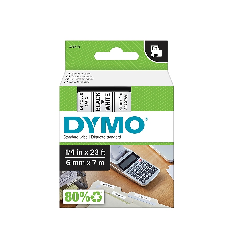 DYMO D1 Standard 43613 Label Maker Tape, 1/4" x 23', Black on White (43613) image 1