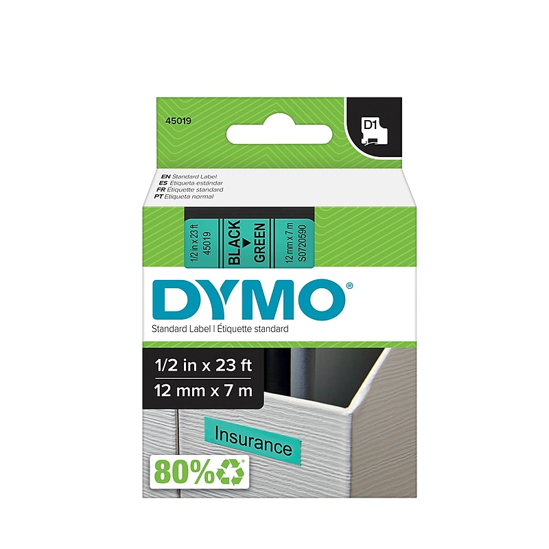 DYMO D1 Standard 45019 Label Maker Tape, 1/2" x 23', Black on Green (45019) image 1