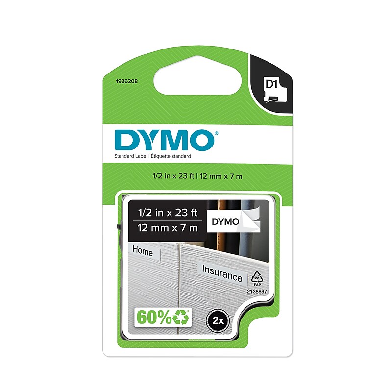 DYMO D1 Standard 1926208 Label Maker Tape, 1/2" x 23', Black on White, 2/Each (1926208) image 1