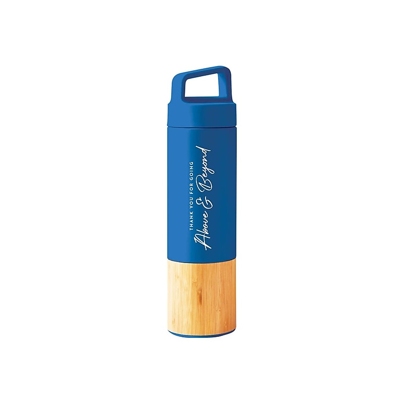 Baudville "Thank You for Going Above and Beyond" Stainless Steel Double Wall Insulated Water Bottle, 18 oz., Bamboo/Blue (93167) image 1