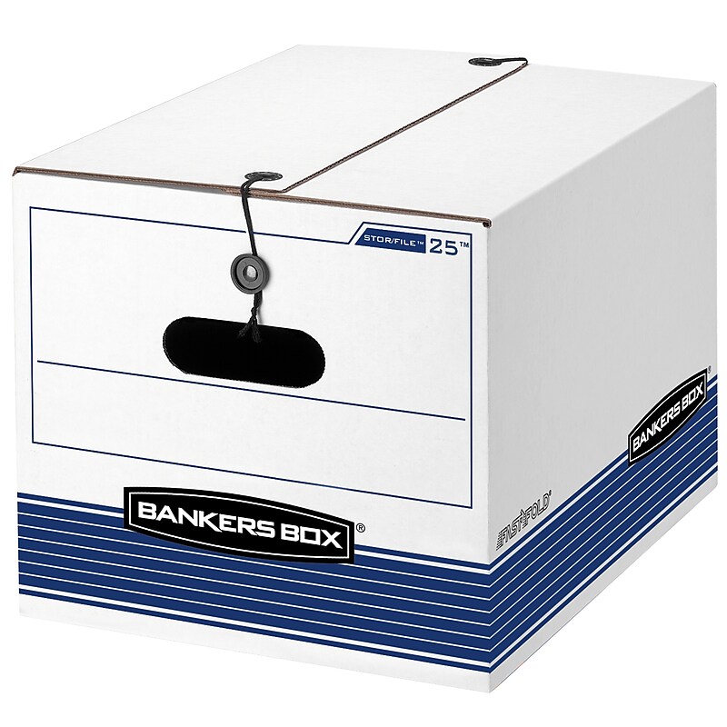 Bankers Box Stor/File Medium-Duty FastFold File Storage Boxes, String & Button, Letter/Legal Size, White/Blue, 12/Carton (00025) image 1