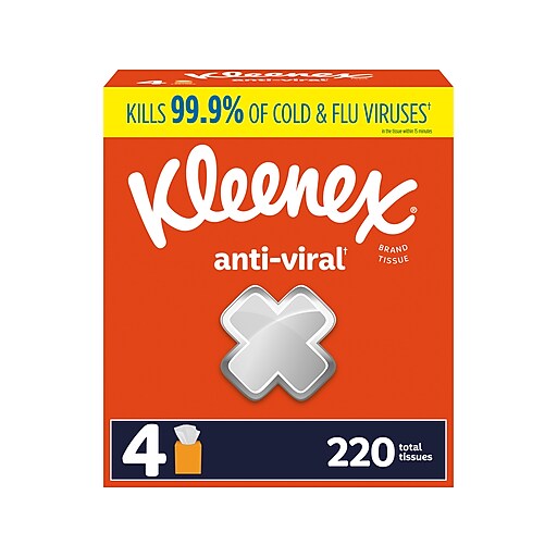 Kleenex Antiviral Facial Tissue, 3ply, 55 Tissues/Box, 4 Boxes/Pack (54506) Staples