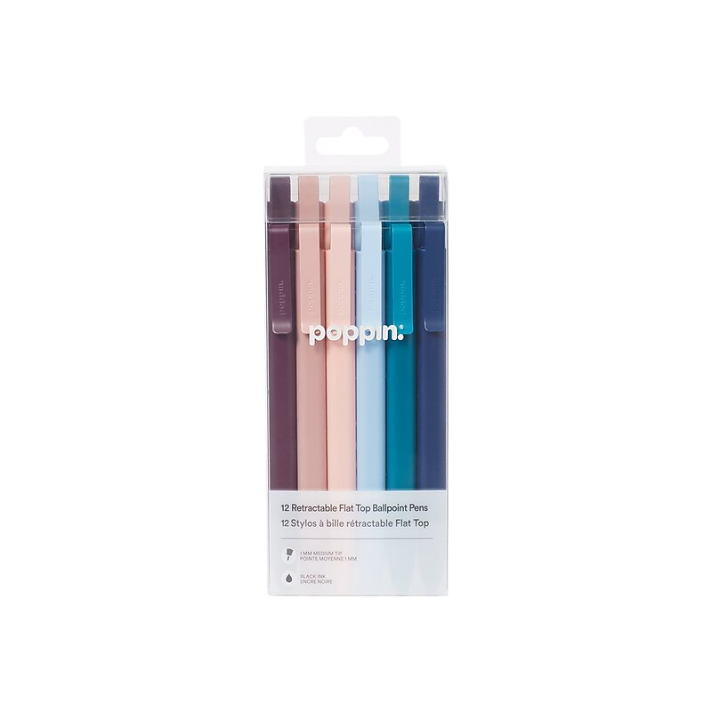 Poppin Retractable Ballpoint Pens, Medium Point, Black Ink, 12/Pack (108802) image 1