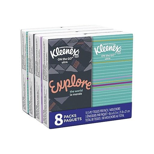 Kleenex On the Go Ultra Facial Tissue, 3ply, 10 Tissues/Box, 8 Boxes