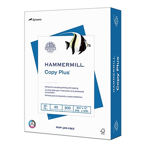 Hammermill Copy Plus Print Paper, 92 Bright, 3-Hole, 20 lb, 8.5 x 11, White, 500/