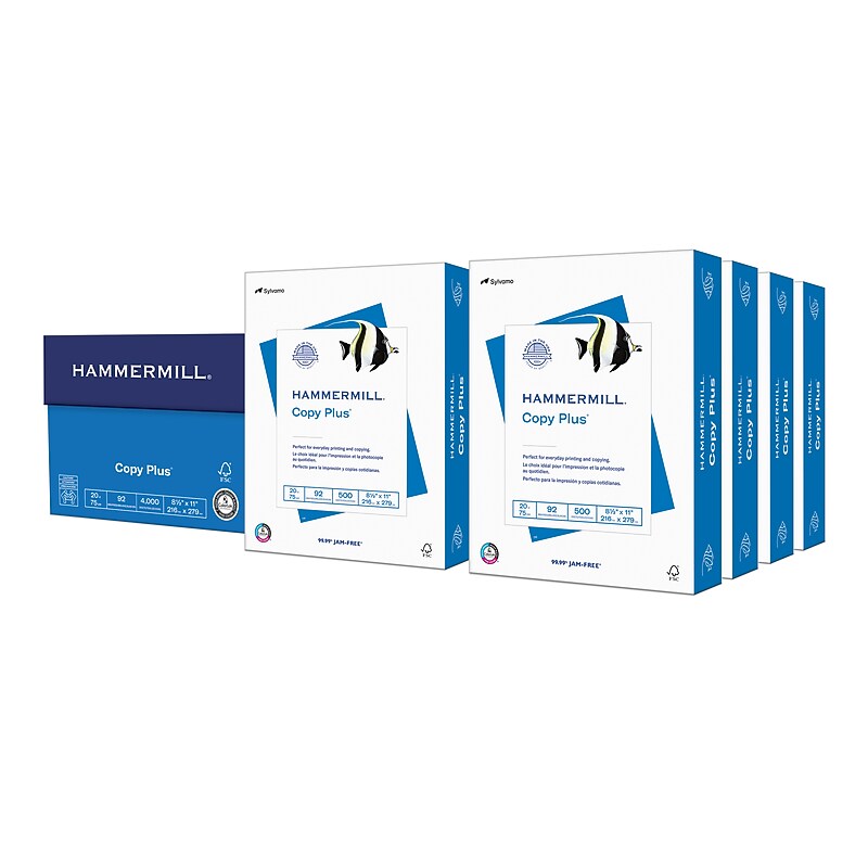 Hammermill Copy Plus 8.5" x 11" Copy Paper, 20 lbs., 92 Brightness, 500 Sheets/Ream, 8 Reams/Carton (105190) image 1