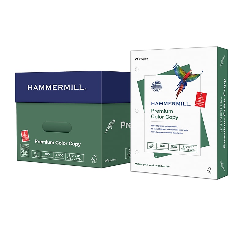 Hammermill Premium 8.5" x 11" 3-Hole Punched Color Copy Paper, 28 lbs., 100 Brightness, 500 Sheets/Ream, 8 Reams/Carton (102500) image 1