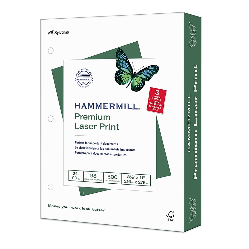 Hammermill Premium Laser Print 8.5" x 11" 3-Hole Punched Multipurpose Paper, 24 lbs., 98 Brightness, 500 Sheets/Ream (107681) image 1