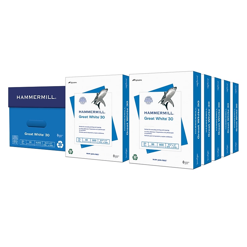 Hammermill Great White 30% Recycled 8.5" x 11" Copy Paper, 20 lbs., 92 Brightness, 5000 Sheets/Carton (86700) image 1