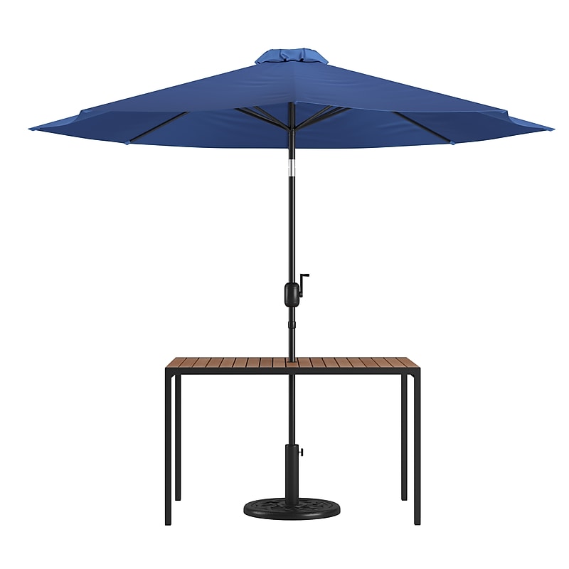 Flash Furniture Lark 3 Piece Rectangular Outdoor Patio Table Set with Umbrella and Base, Navy (XU3048UB19BNV) image 1