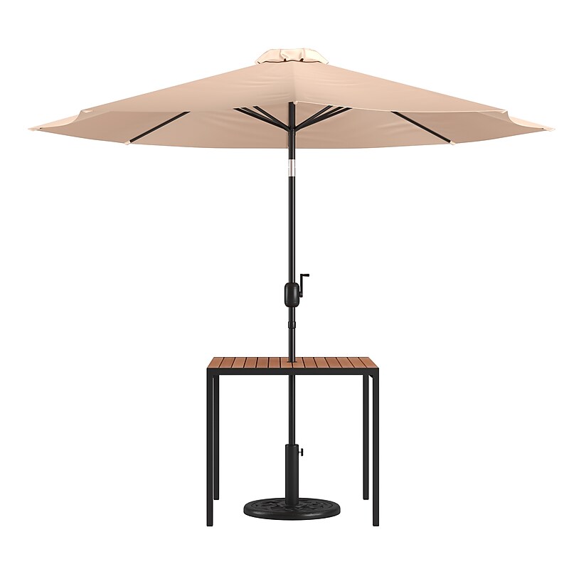 Flash Furniture Lark 3 Piece Square Outdoor Patio Table Set with Umbrella and Base, Tan (XU8100UB19BTN) image 1