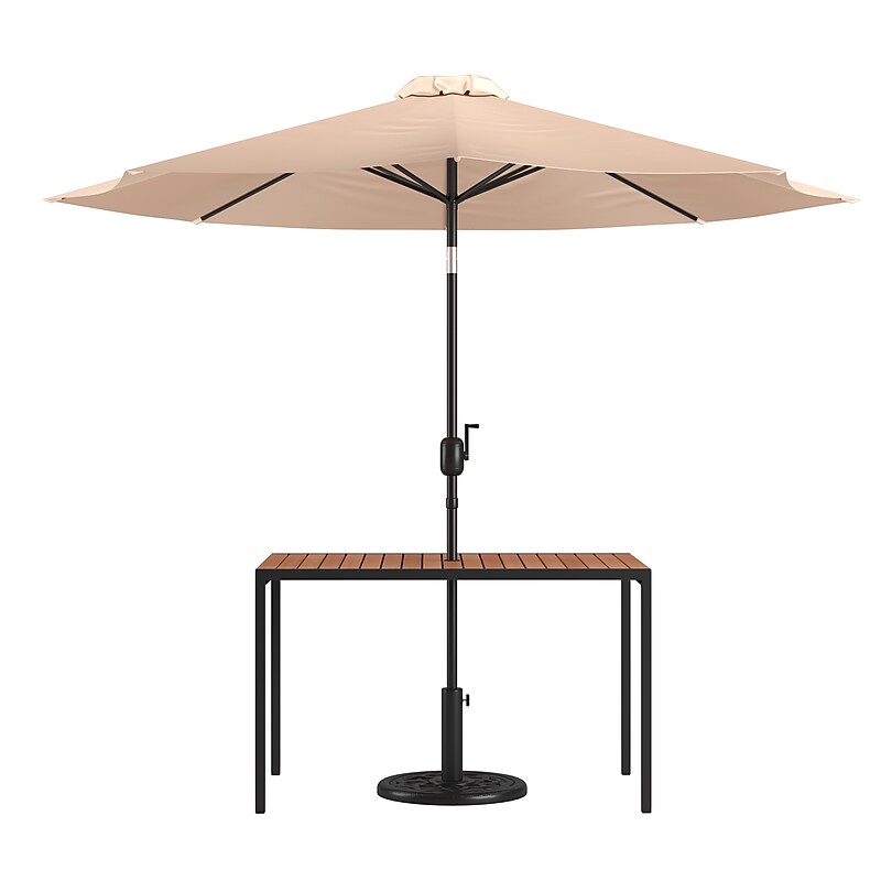 Flash Furniture Lark 3 Piece Rectangular Outdoor Patio Table Set with Umbrella and Base, Tan (XU3048UB19BTN) image 1