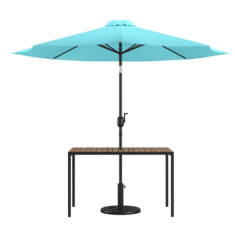 Flash Furniture Lark 3 Piece Rectangular Outdoor Patio Table Set with Umbrella and Base, Teal (XU3048UB19BTL) image 1