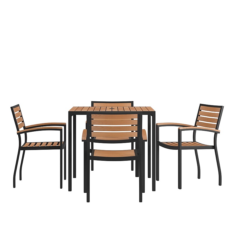 Flash Furniture Lark Outdoor Dining Table Set, Faux Teak, 5 Piece/Set (XUDG810060064) image 1
