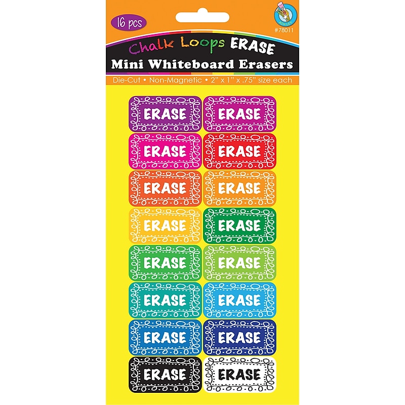 Ashley Productions Mini Whiteboard Erasers, Chalkboard Loops Assorted Colors, 2" x 1" x 0.75", Pack of 16 (ASH78011) image 1