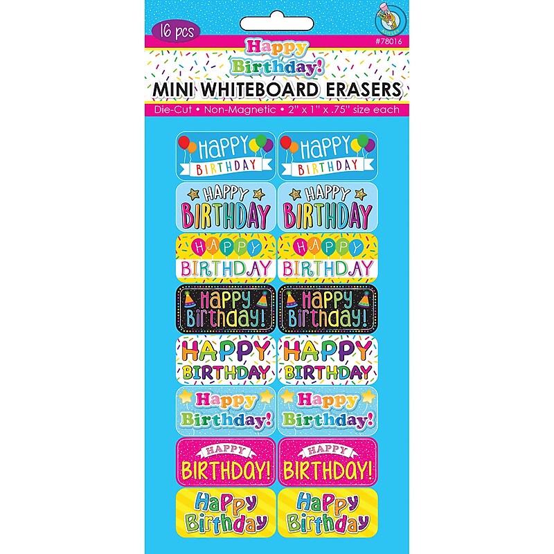 Ashley Productions Mini Whiteboard Erasers, Happy Birthday, 2" x 1" x 0.75", Pack of 16 (ASH78016) image 1