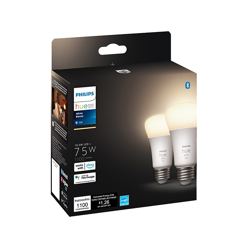 Philips Hue White Light Bulb, A19 2700K 10.5W E26, 2/Pack (563007) image 1