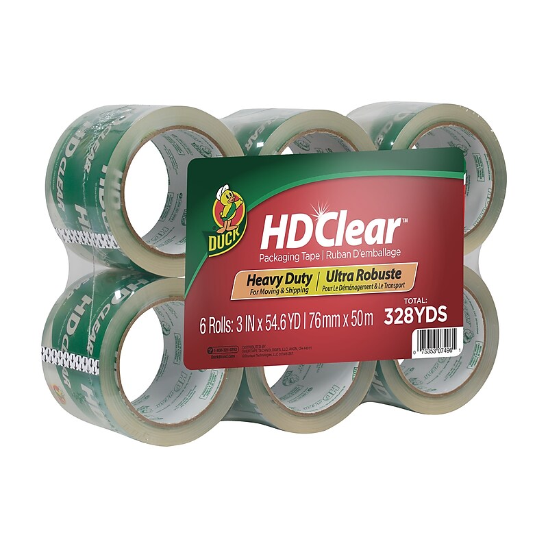 Duck HD Clear Heavy Duty Packing Tape, 3" x 54.6 yds., Clear, 6/Pack (307352/7496) image 1