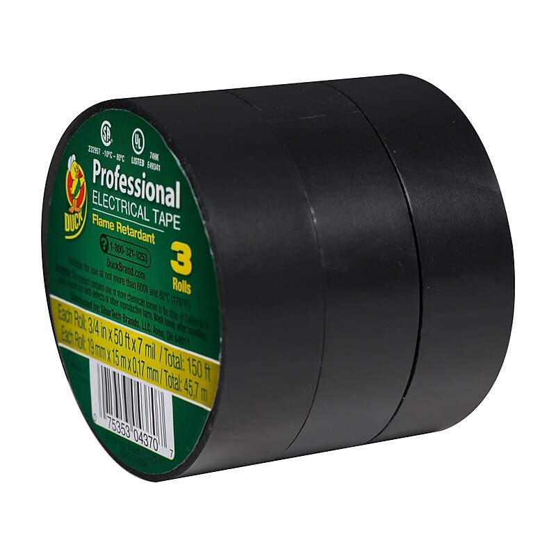 Duck Professional Heavy Duty Vinyl Electrical Tape, 0.75" x 50', Black, 3/Pack (299004) image 1