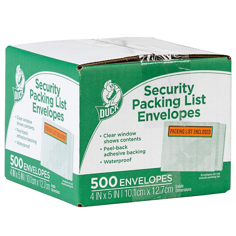 Duck 4.5 in. x 5.5 in. Security "Packing List Enclosed" Envelopes, Clear Window, 500/Box (394743) image 1
