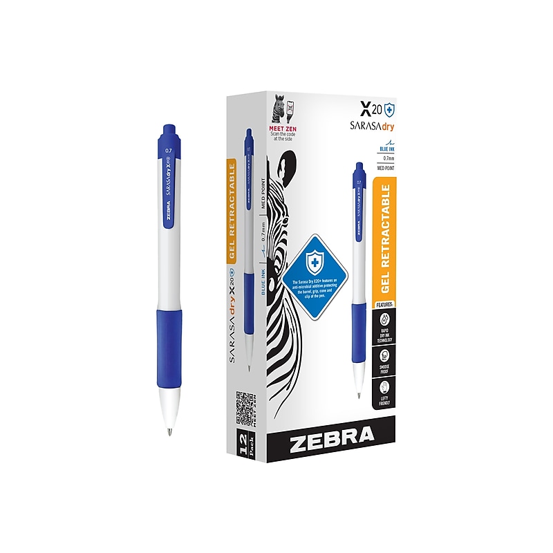 Zebra Sarasa Dry X20+ Retractable Gel Pen, Medium Point, 0.7mm, Blue Ink, Dozen (41620) image 1