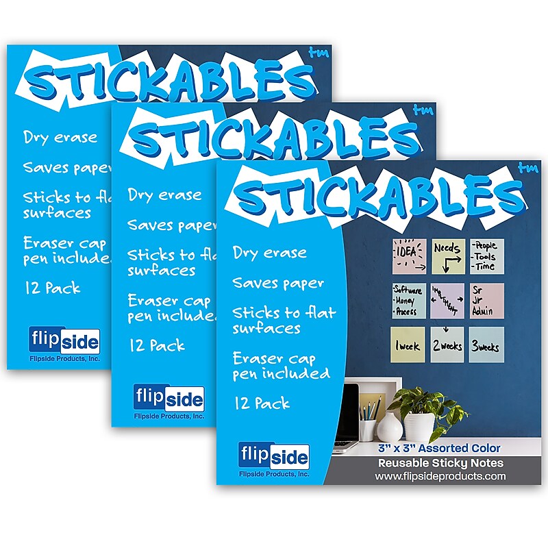 Flipside Products Dry Erase Stickables with Dry Erase Marker, Assorted Pastel Colors, 3" x 3", 12 Per Pack, 3 Packs (FLP94433-3) image 1